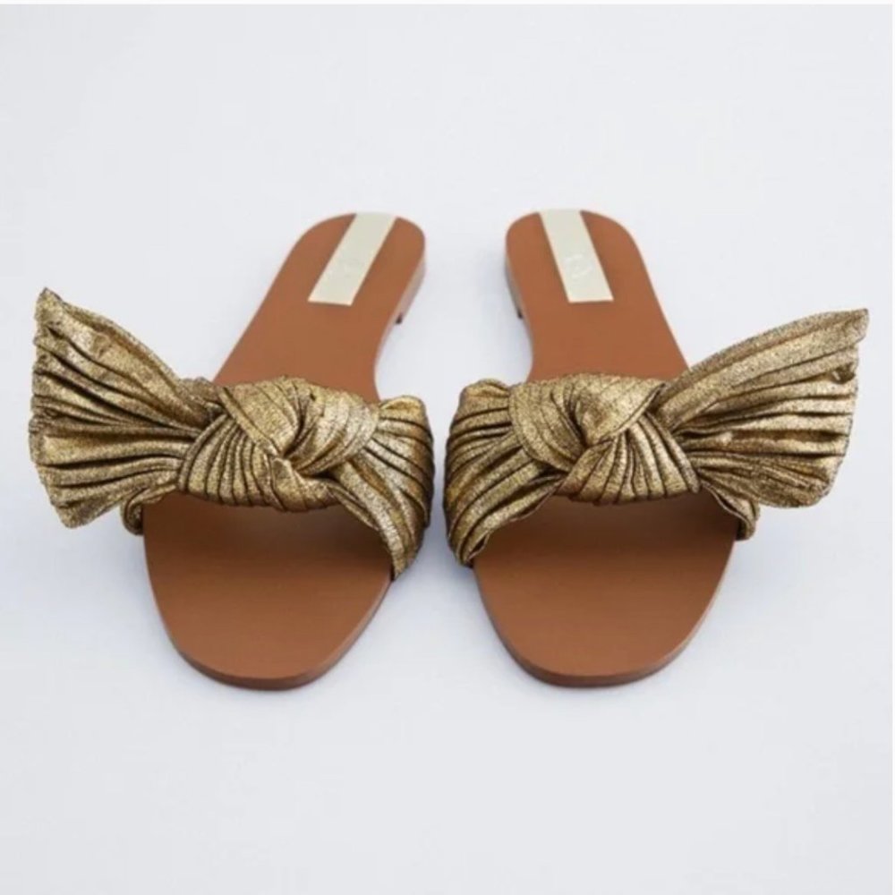 Zara Gold Bow Sandal Flats - Size 7.5/38